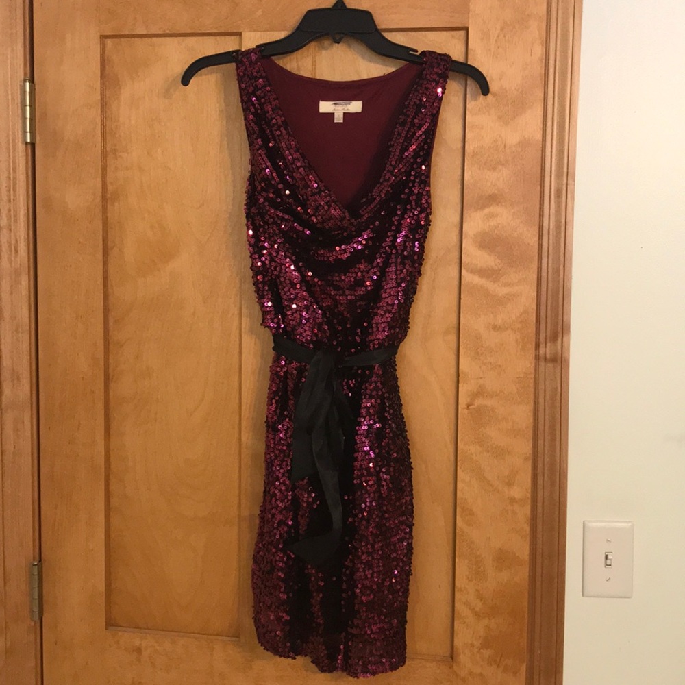 Sequin raspberry cowl neck dress